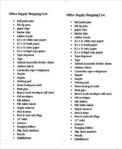 office supply shopping list printable