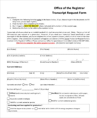 transcript request form registrar
