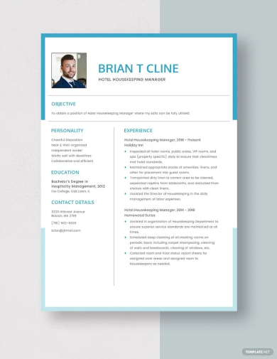 hotel housekeeping manager resume template