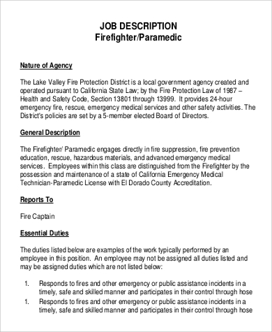 paramedic firefighter job description