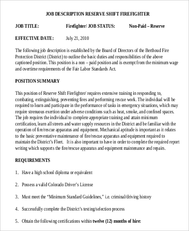 reserve shift firefighter job description