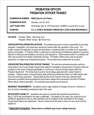 job officer probation description trainee sample pdf