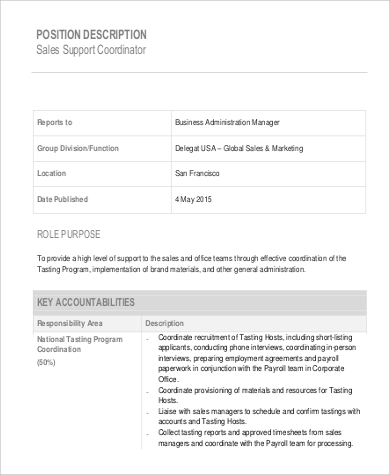 sales support coordinator job description