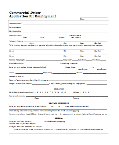 blank driver employment application