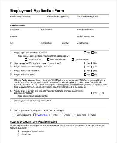 FREE 9+ Sample Employment Application Templates in MS Word | PDF