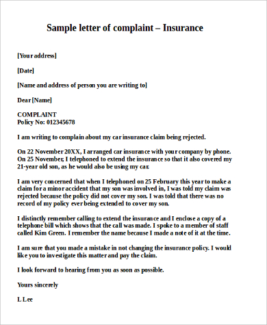 complaint letter insurance sample example letters samples