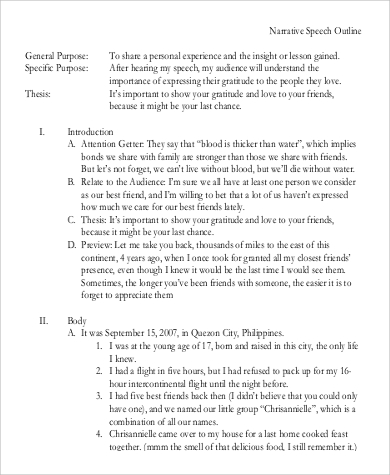 narrative speech outline example