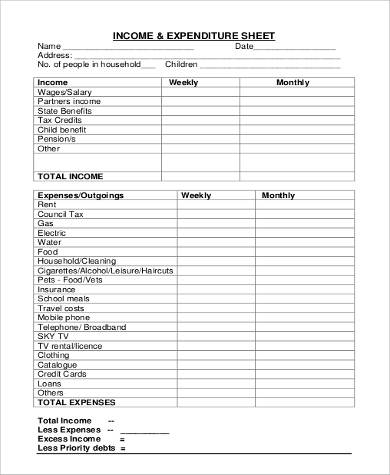 income and expenditure sheet