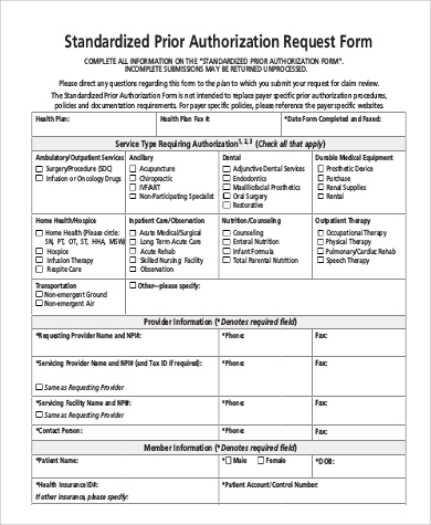 standardized prior authorization request form