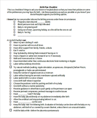 birth plan checklist doc