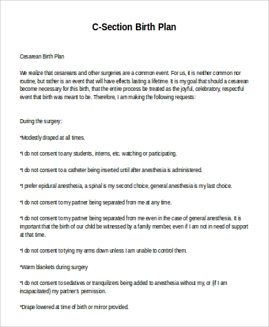 C section birth plan worksheet