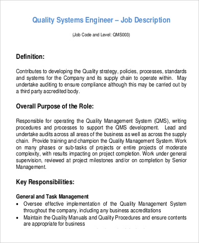 quality systems engineer job description