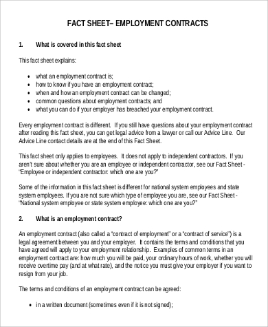 fact sheet employment contract
