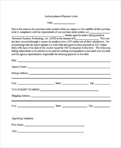 letter payment authorization Examples Authorization PDF Word,  9 Sample  Letter in