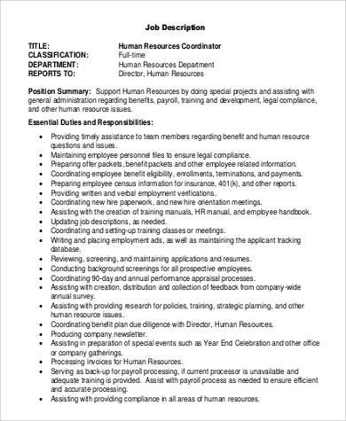 hr coordinator duties job description