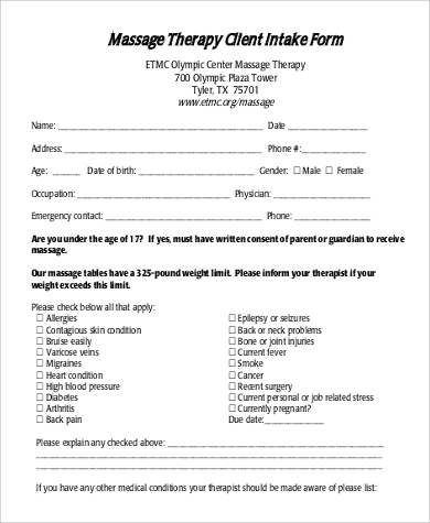 massage therapy intake form