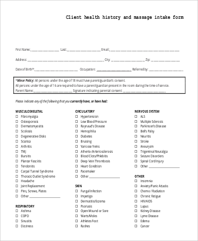 health massage intake form