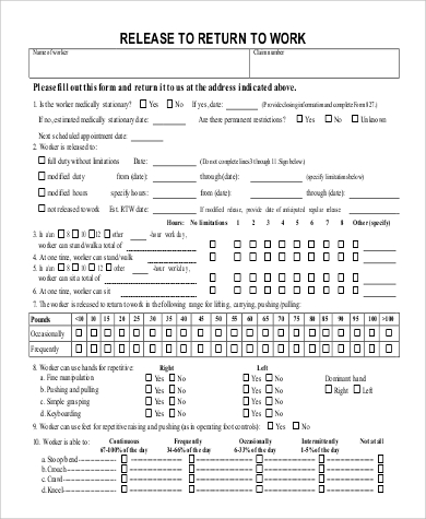 FREE 9+ Sample Return to Work Forms in MS Word | PDF