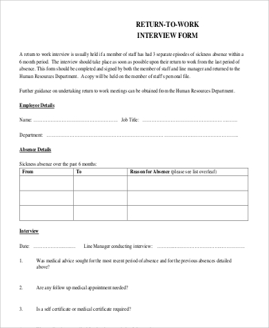 return to work interview form