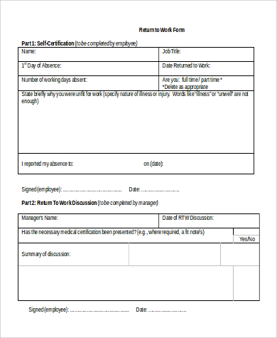 Printable Fillable Return To Work Form