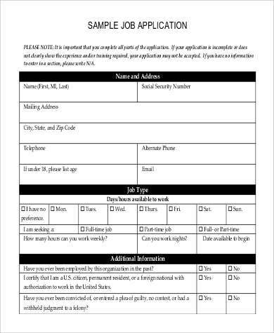 Printable Job Application Templates