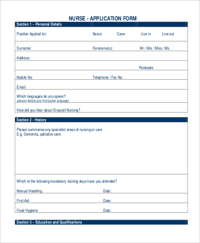 nursing job application printable