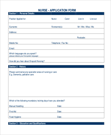 nursing job application form for Word, Job Sample  Application  PDF  Printable in 9 Examples