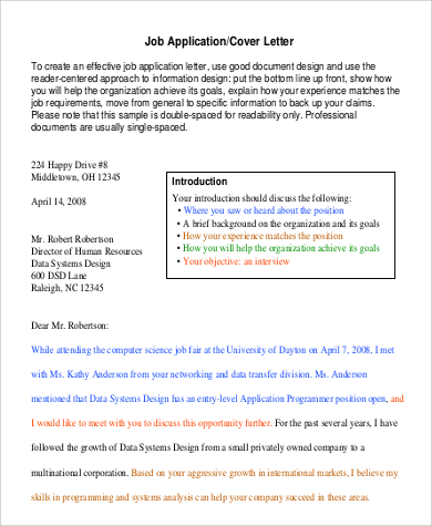 job application cover letter printable