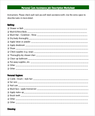 personal care assistance job description worksheet