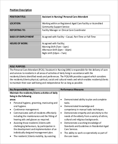 pca nursing job description