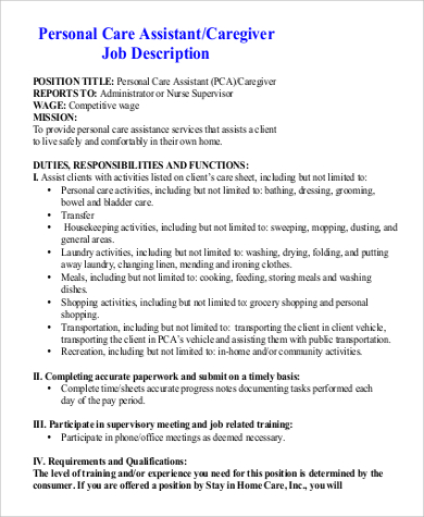 pca caregiver job description