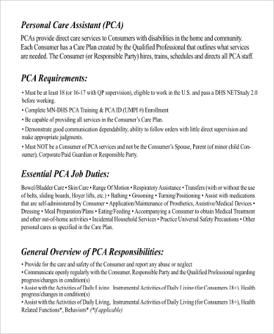 pca job description duties