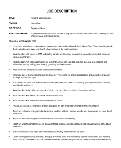 pca job description for homecare