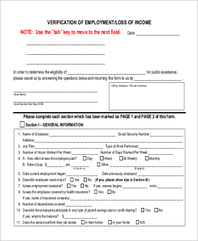 loss of income verification form from employer