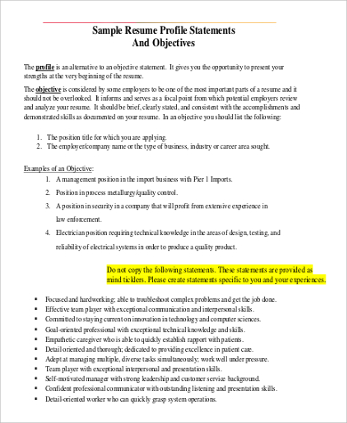 resume profile objective statement in pdf