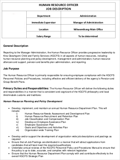 Human Resources Job Description Pdf