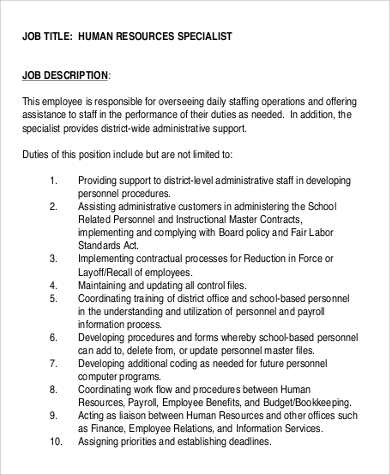 Human resources support job description