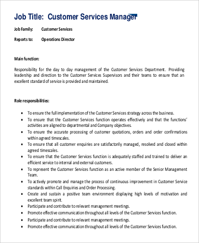 customer service manager job description responsibilities