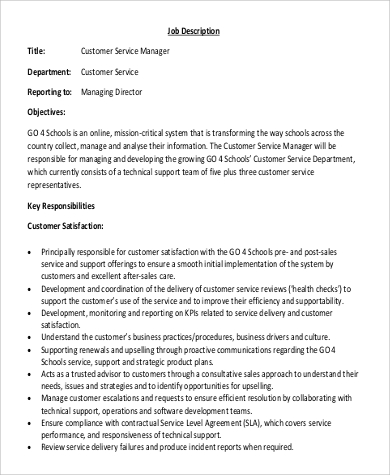 sample customer service manager job description