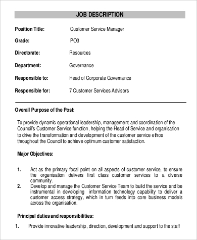 Sample Customer Service Manager Job Description - 11 ...