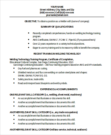 welding technology functional resume