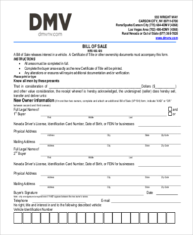FREE 6  Sample DMV Bill of Sale Templates in PDF MS Word