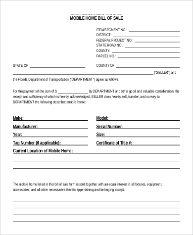 free printable simple mobile home bill of sale