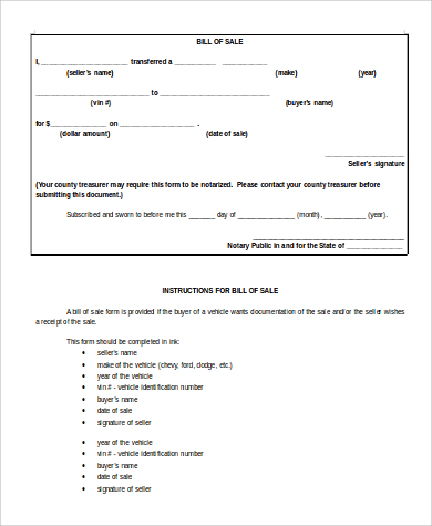 FREE 9 Printable Sample Bill of Sale Templates in MS Word 