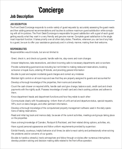 Free 9 Sample Concierge Job Descriptions In Ms Word Pdf