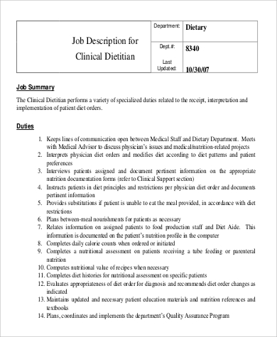 clinical dietitian job description