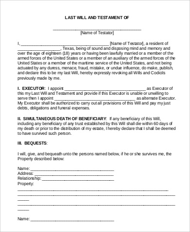 last will and testament template microsoft word