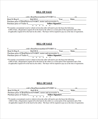 bill of sale for boat snow