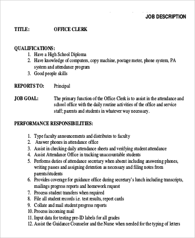 office clerk job description responsibility