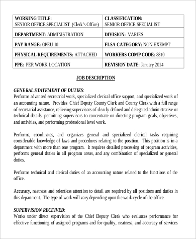 office clerk specialist job description